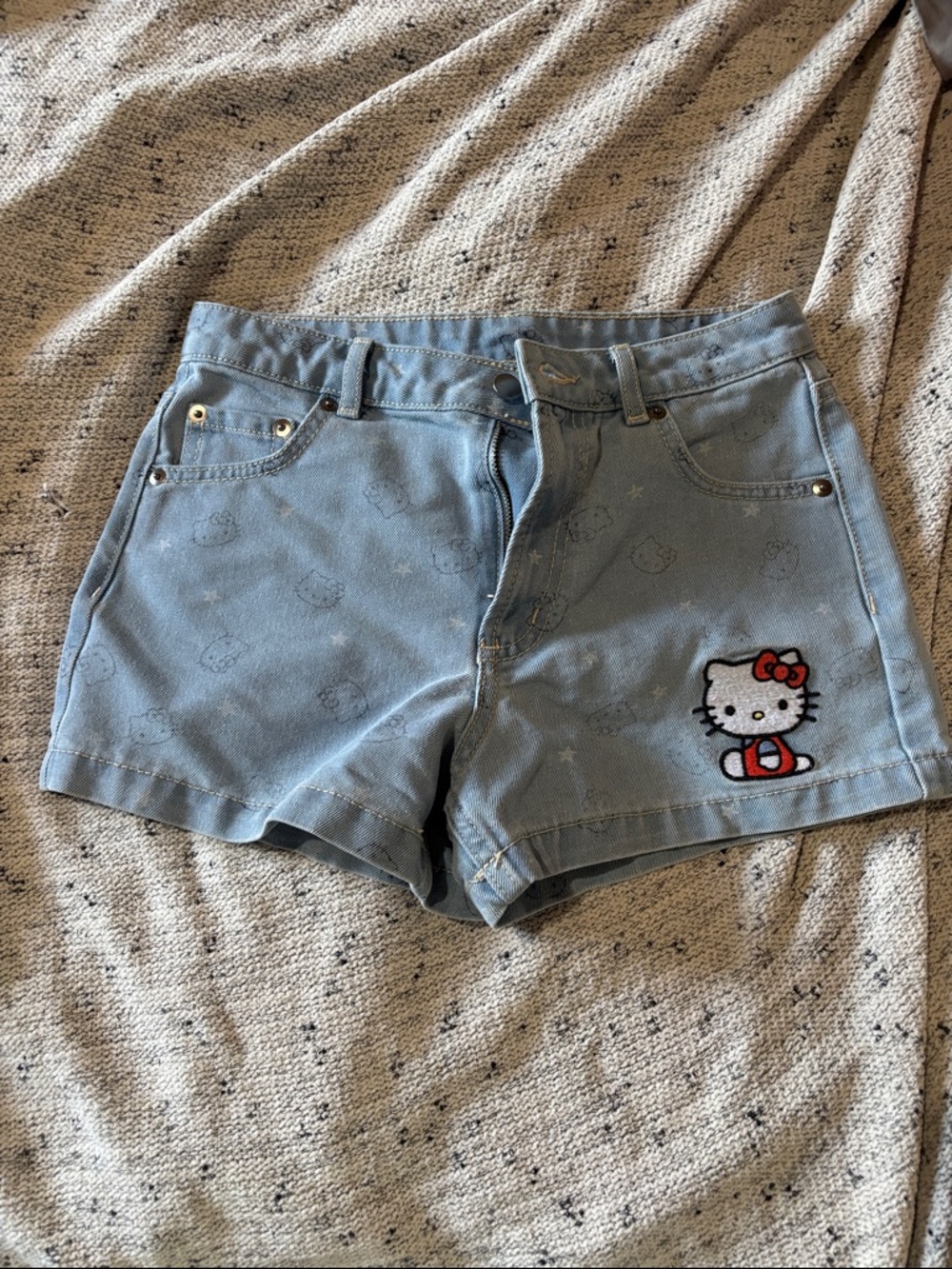 Hello Kitty Light Blue Denim Shorts with Embroidered Patch